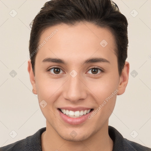 Joyful white young-adult female with short  brown hair and brown eyes