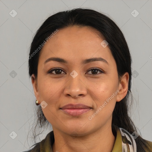 Joyful latino young-adult female with medium  black hair and brown eyes