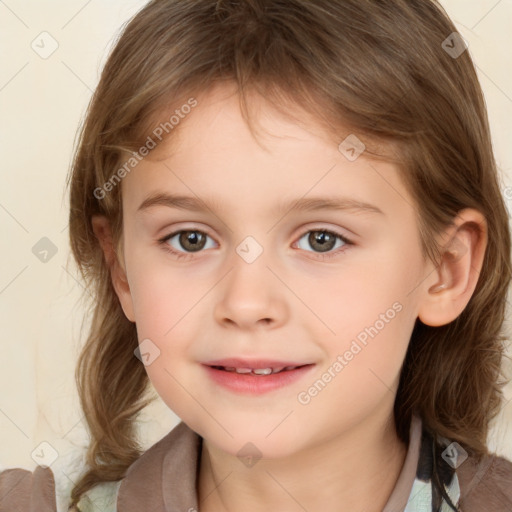 Joyful white child female with medium  brown hair and brown eyes