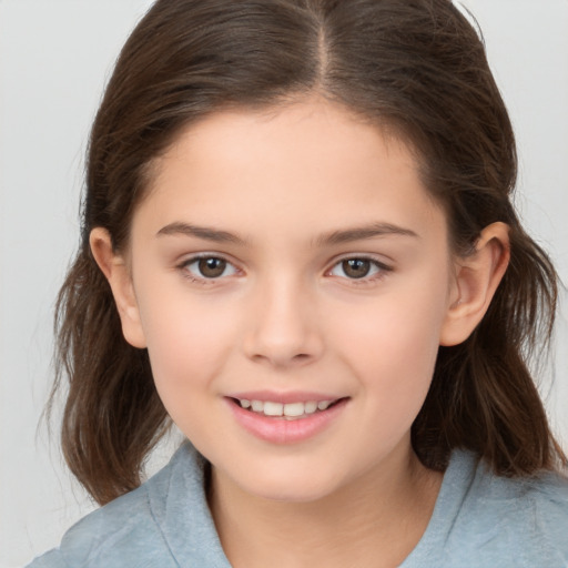 Joyful white child female with medium  brown hair and brown eyes