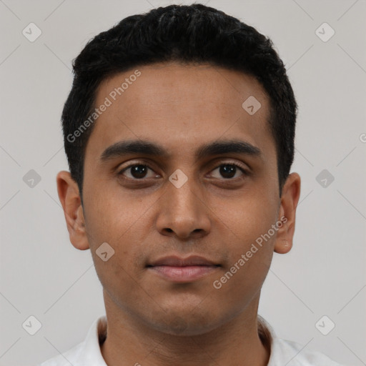 Neutral latino young-adult male with short  black hair and brown eyes