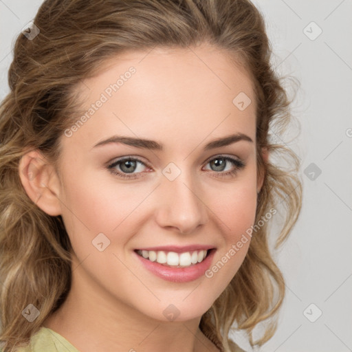 Joyful white young-adult female with medium  brown hair and green eyes