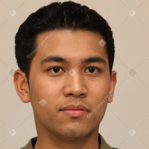 Neutral asian young-adult male with short  black hair and brown eyes