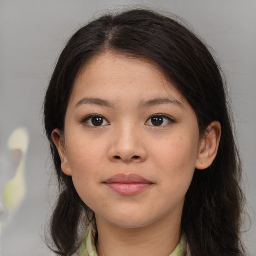 Neutral asian young-adult female with medium  brown hair and brown eyes