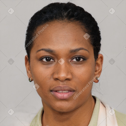 Joyful latino young-adult female with short  black hair and brown eyes