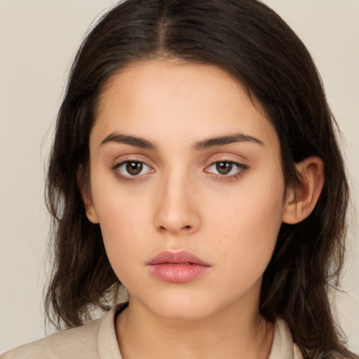 Neutral white young-adult female with medium  brown hair and brown eyes