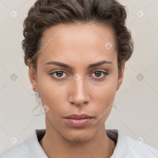 Neutral white young-adult female with short  brown hair and brown eyes