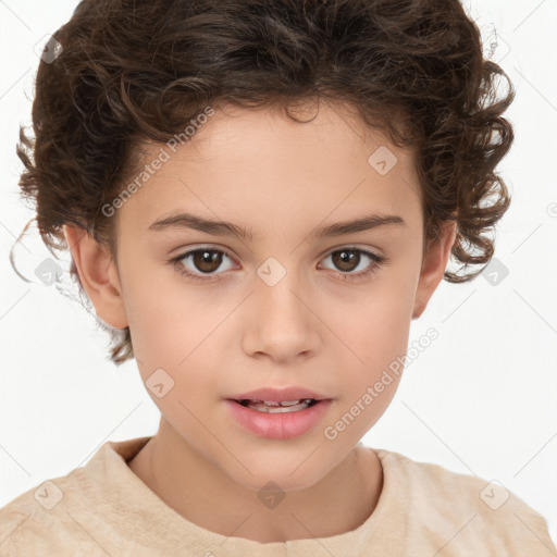 Joyful white child female with short  brown hair and brown eyes