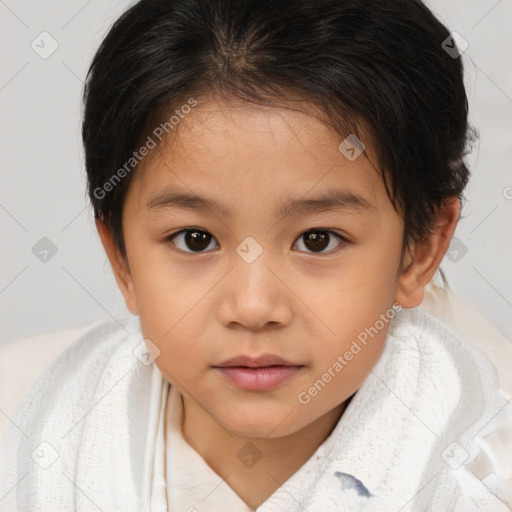 Joyful white child female with medium  brown hair and brown eyes