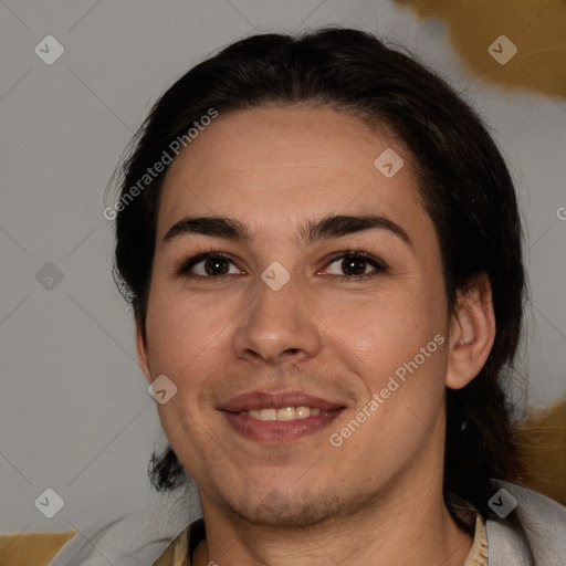 Joyful white young-adult female with medium  brown hair and brown eyes