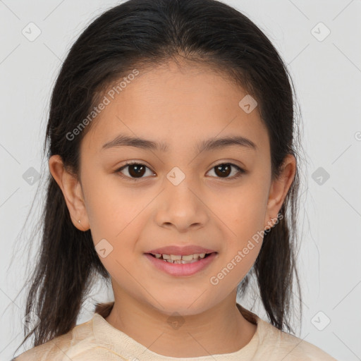 Joyful white child female with medium  brown hair and brown eyes