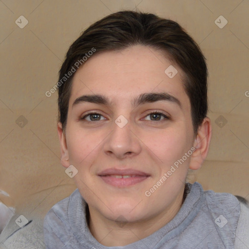 Joyful white young-adult female with short  brown hair and brown eyes