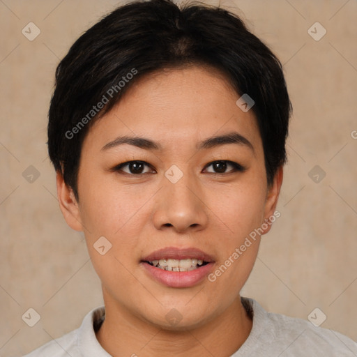 Joyful asian young-adult female with short  brown hair and brown eyes