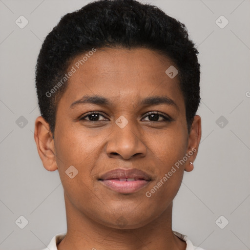 Joyful black young-adult female with short  brown hair and brown eyes