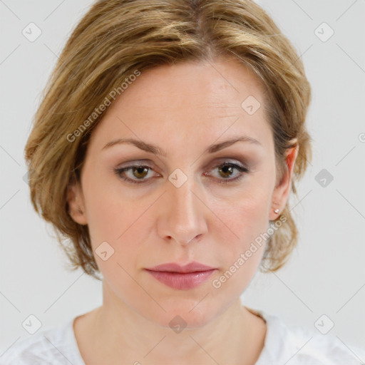 Joyful white young-adult female with medium  brown hair and green eyes