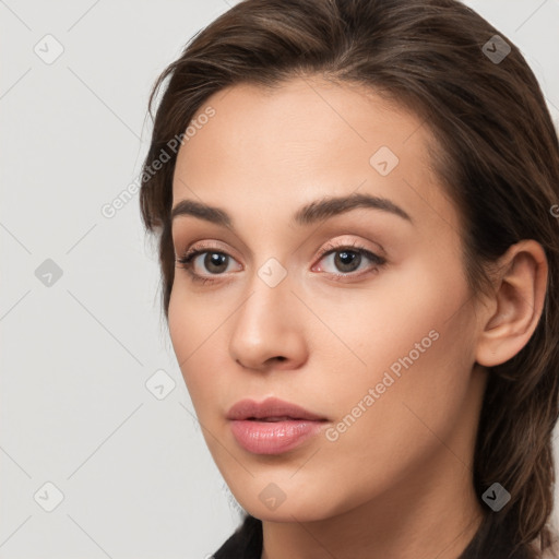 Neutral white young-adult female with medium  brown hair and brown eyes