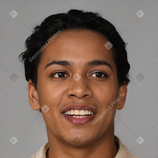 Joyful latino young-adult female with short  black hair and brown eyes