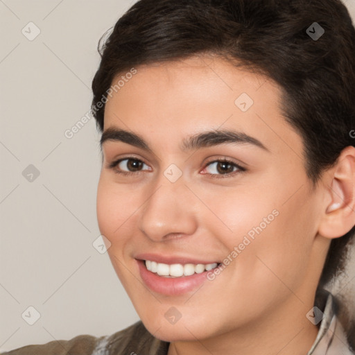 Joyful white young-adult female with medium  brown hair and brown eyes