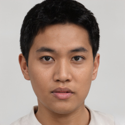 Neutral asian young-adult male with short  black hair and brown eyes