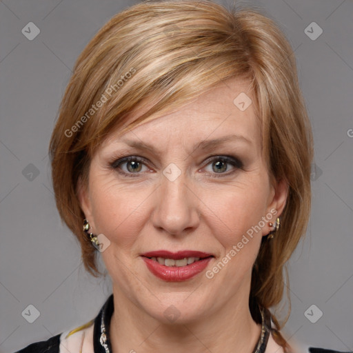 Joyful white adult female with medium  brown hair and grey eyes