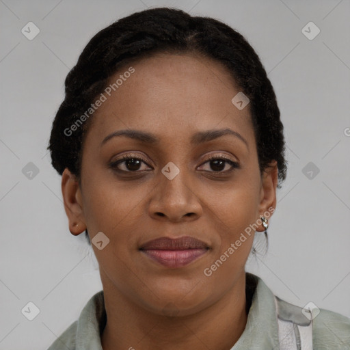 Joyful black young-adult female with short  brown hair and brown eyes