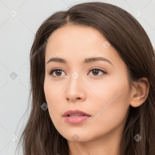 Neutral white young-adult female with long  brown hair and brown eyes