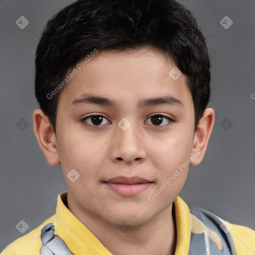 Joyful white child male with short  brown hair and brown eyes