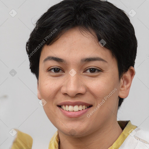 Joyful asian young-adult female with short  brown hair and brown eyes