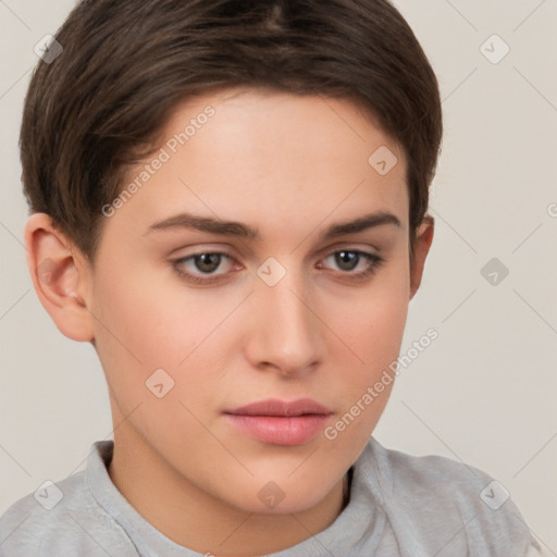 Neutral white young-adult female with short  brown hair and brown eyes