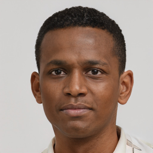 Neutral black young-adult male with short  black hair and brown eyes
