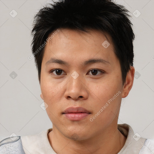 Neutral asian young-adult male with short  brown hair and brown eyes