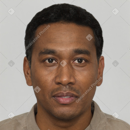 Neutral latino young-adult male with short  black hair and brown eyes