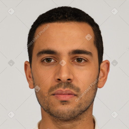 Neutral latino young-adult male with short  black hair and brown eyes