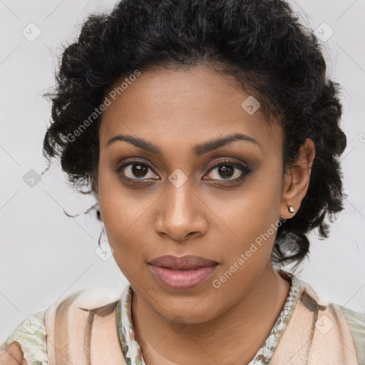 Joyful black young-adult female with long  brown hair and brown eyes