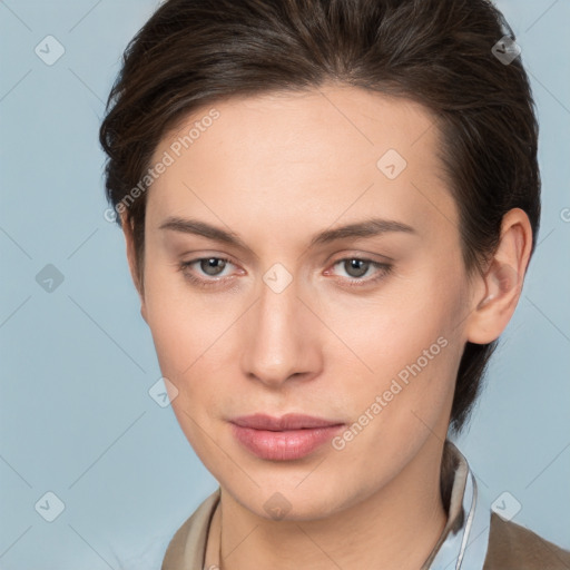 Neutral white young-adult female with medium  brown hair and brown eyes