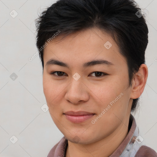 Joyful asian young-adult female with short  brown hair and brown eyes