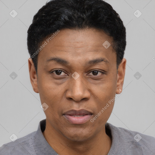 Joyful latino adult male with short  black hair and brown eyes