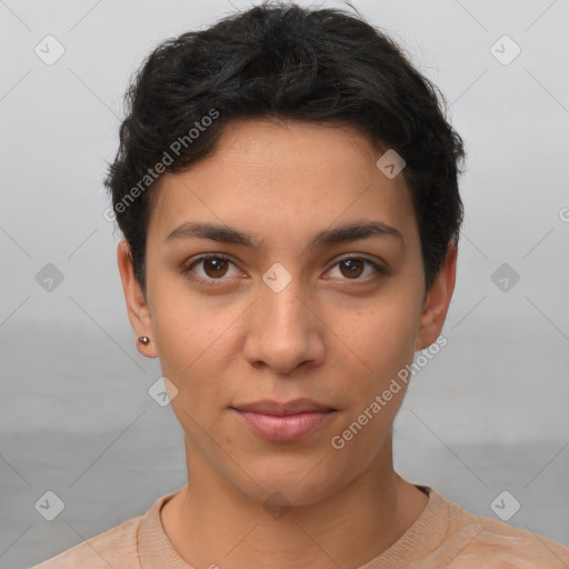 Neutral latino young-adult female with short  brown hair and brown eyes