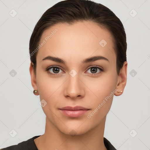 Neutral white young-adult female with short  brown hair and brown eyes