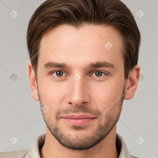 Neutral white young-adult male with short  brown hair and brown eyes