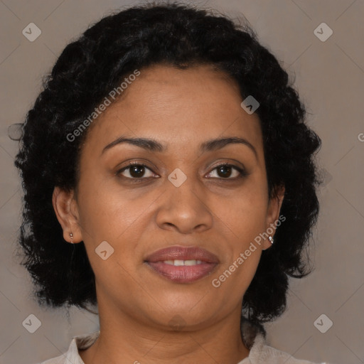 Joyful latino adult female with short  brown hair and brown eyes