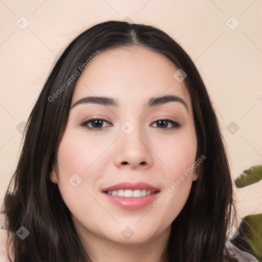 Joyful white young-adult female with long  black hair and brown eyes