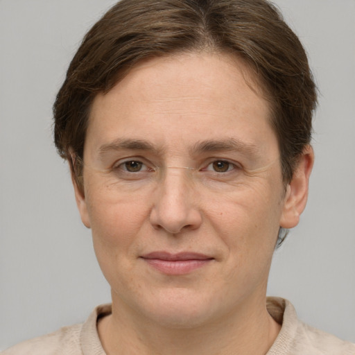 Joyful white adult female with short  brown hair and grey eyes