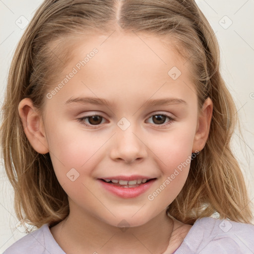 Joyful white child female with medium  brown hair and brown eyes