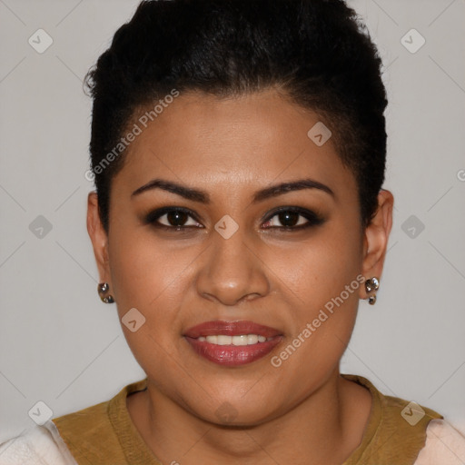 Joyful latino young-adult female with short  brown hair and brown eyes