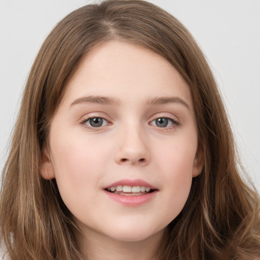 Joyful white child female with long  brown hair and grey eyes