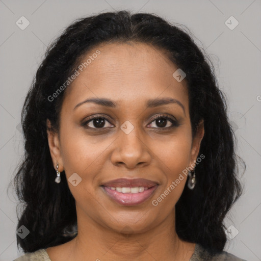 Joyful black young-adult female with medium  brown hair and brown eyes