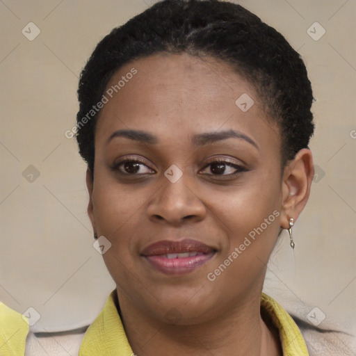 Joyful latino young-adult female with short  black hair and brown eyes