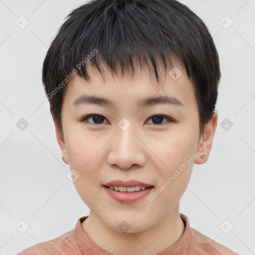 Joyful asian young-adult female with short  brown hair and brown eyes