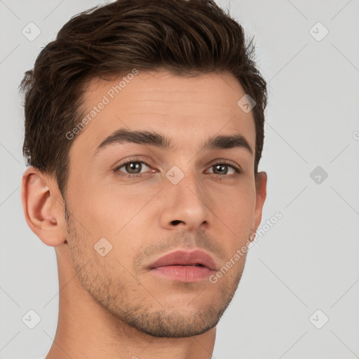 Neutral white young-adult male with short  brown hair and brown eyes